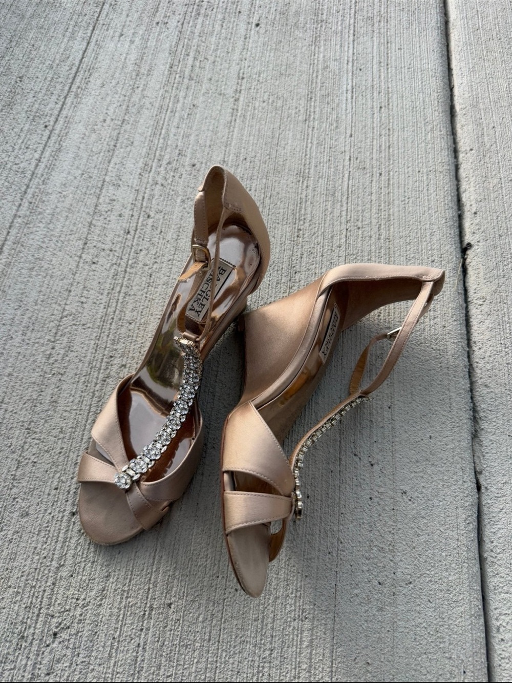 Badgley Mischka Rose Gold Satin T-Strap Crystal Embellished Heels